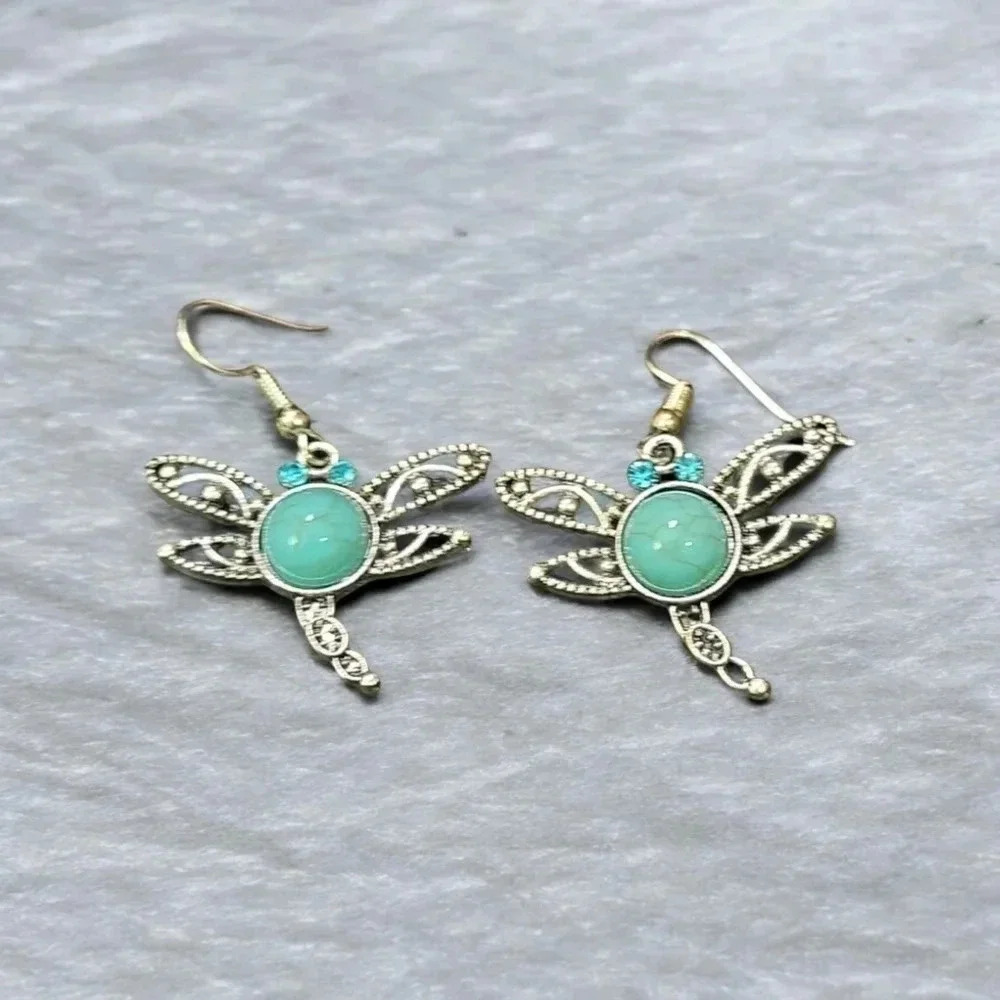 Silver Plated Turquoise Stone Rhinestone Dragonfly Dangle Earrings